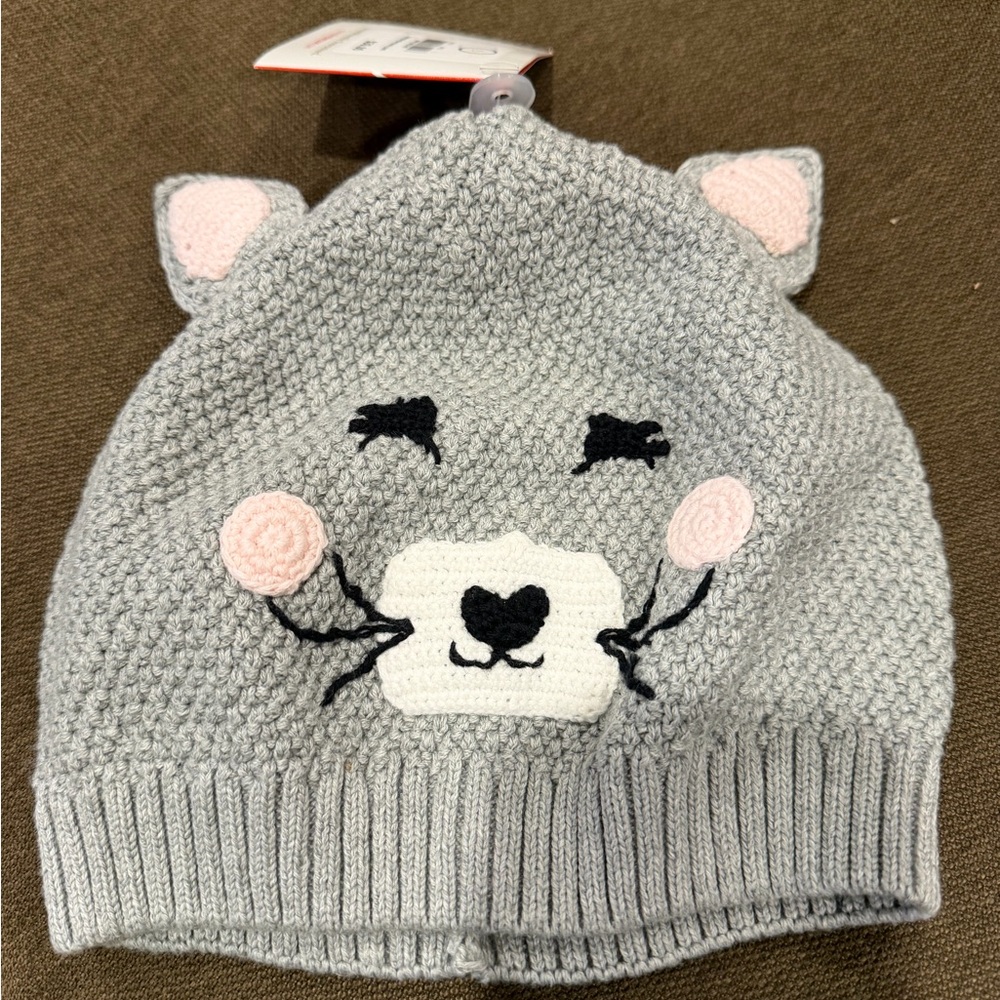 Hanna Andersson Children's Gray Knit Cat Beanie with Pink Accents